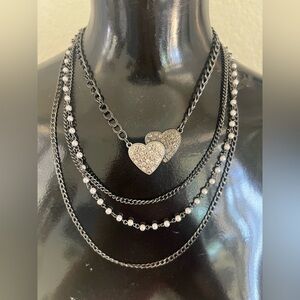 Guess Black and Silver Heart Layered Necklace